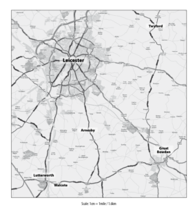 Map of Leicester and towns related to Masters of Walcote